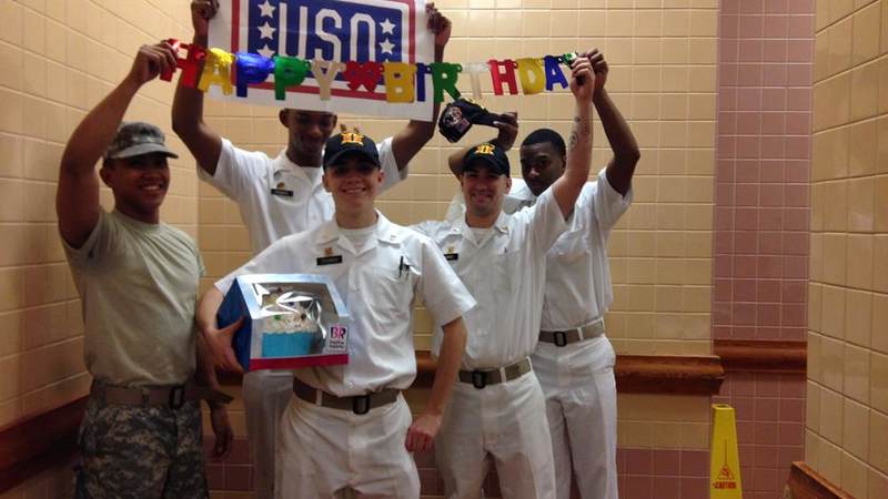 Sailors proudly show off a birthday cake at Camp Casey, South Korea.