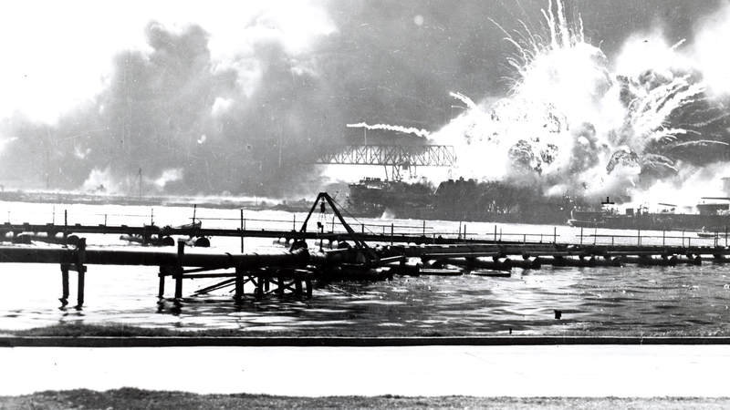 The USS Shaw explodes during the attack on Pearl Harbor.