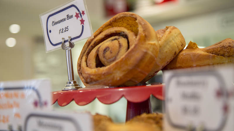 A cinnamon bun for sale at Dog Tag Bakery.