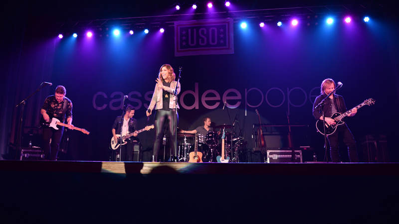 Cassadee Pope enters the stage at the Ernie Walker Theater April 8, on Eielson Air Force Base, Alaska.