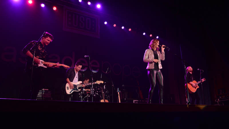 Cassadee Pope and her band perform during a USO show on April 8, at Eielson Air Force Base, Alaska.