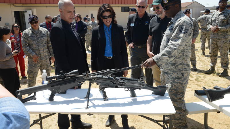 Titus Welliver, left, Amy Aquino, center, and Henrik Bastin kicked off Season 3 of "Bosch" with a USO screening at Edwards Air Force Base in California on April 10.