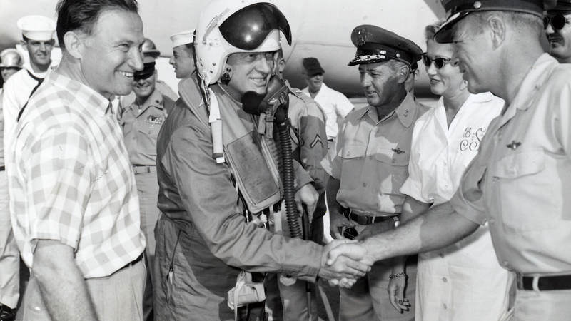 Bob Hope with service members in Guam on December 27, 1957.