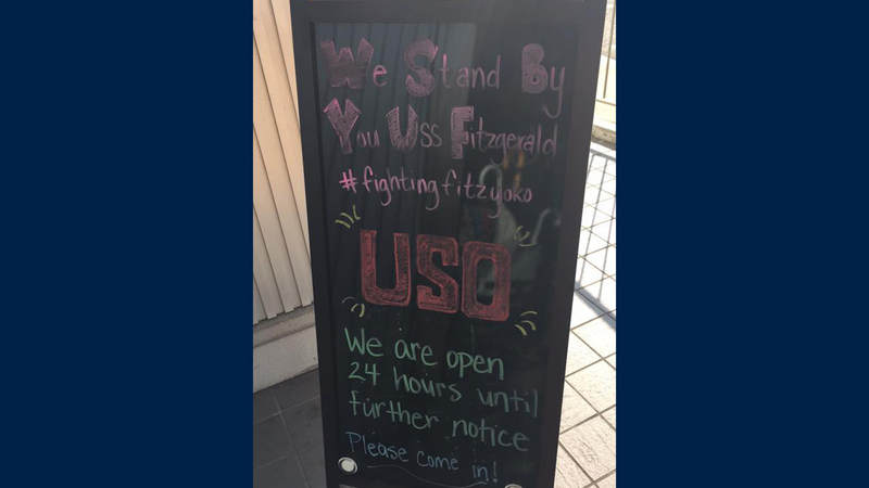 The sign welcoming service members into USO Yokosuka.