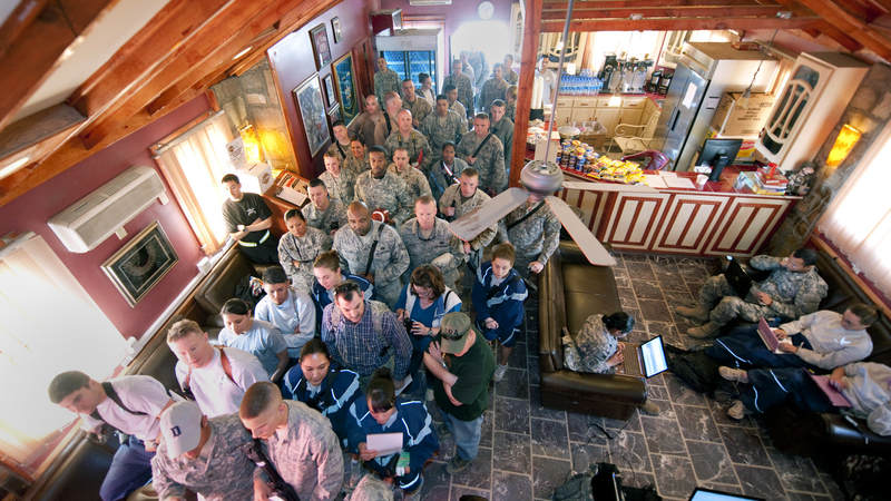 Nearly service members visited the USO's Pat Tillman Memorial Center to get autographs and have photographs taken with NFL players Jason Witten, Mario Williams, Joe Thomas and Vernon Davis in 2010.
