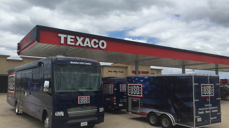 Mobile USO units gas up in preparation of supporting service members deployed to assist with the Harvey disaster response.
