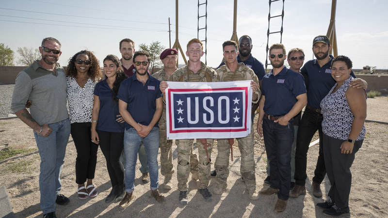 Actors Mike Vogel, Tate Ellington, Demetrius Grosse, Natacha Karam, Noah Mills, Sofia Pernas and Hadi Tabbal, stars of NBC’s “The Brave,” teamed up with the USO and visited service members at Kirtland Air Force Base in New Mexico.
