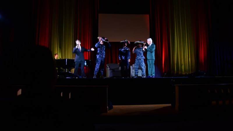 Comedy icons Steve Martin and Martin Short perform for service members during a USO tour to Naval Station Great Lakes, Ill., on Oct. 5.