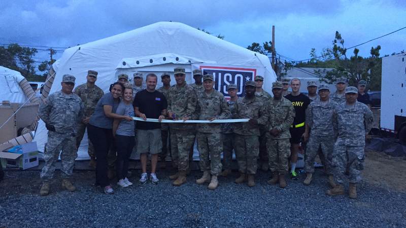 Service members helped the USO celebrate the opening of the expeditionary site in Ceiba, Puerto Rico.