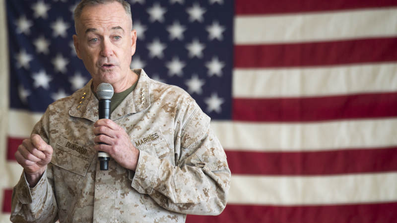 Marine Corps Gen. Joe Dunford, chairman of the Joint Chiefs of Staff, speaks to service members before the USO Holiday Tour at Operating Base Fenty, Afghanistan, Dec. 24.