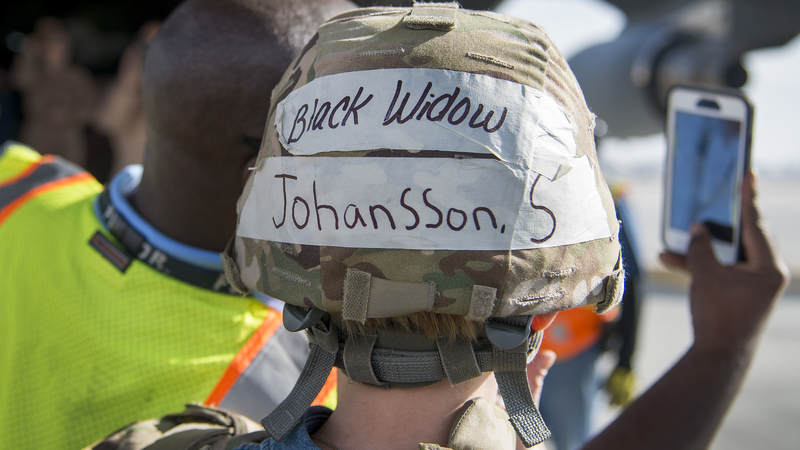 Johansson wears a bullet proof helmet that carries her character's name from "The Avengers" film series.
