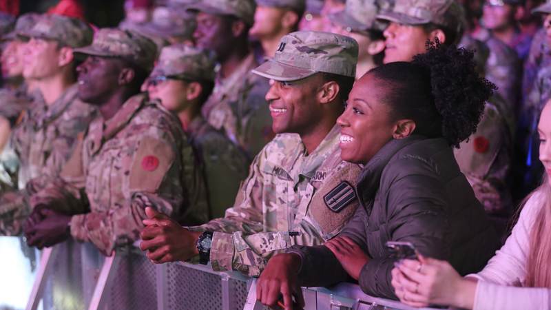 The Chainsmokers visited McCrady Training Center in South Carolina on Dec. 19 to get an up close look at military life, tour the USO center on base and perform a surprise concert for hundreds of future soldiers staying at nearby Fort Jackson for the holidays.