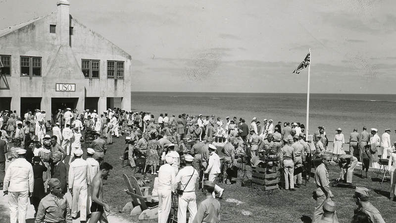Service members outside of the USO center in Elbow Beach, Bermuda, in the early 1940s.