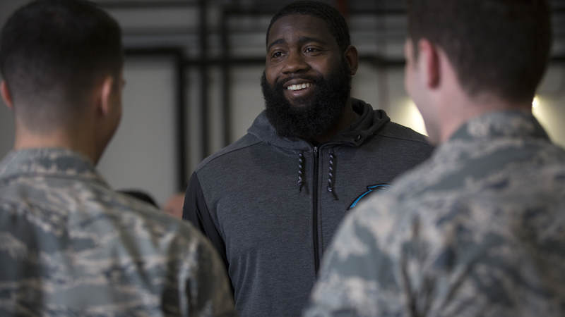 Carolina Panthers defensive end Mario Addison joined four fellow NFL players and former coach Rex Ryan on the 2018 USO-NFL tour.