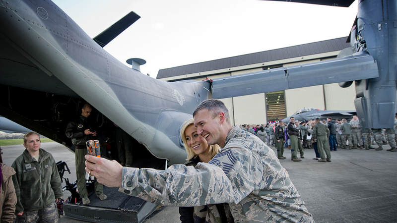 Pickler poses for a quick selfie taken by Air Force Command Master Sgt. Thomas in front of a CV-22 at RAF Mendenhall in the U.K.