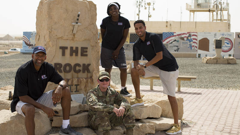 Monty Williams, Ruthie Bolton, Kevin Martin pose at Ali Al Salem Air Base, Kuwait.
