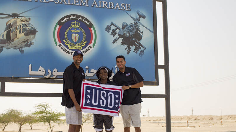 Monty Williams, Ruthie Bolton, Kevin Martin pose at Ali Al Salem Air Base, Kuwait.