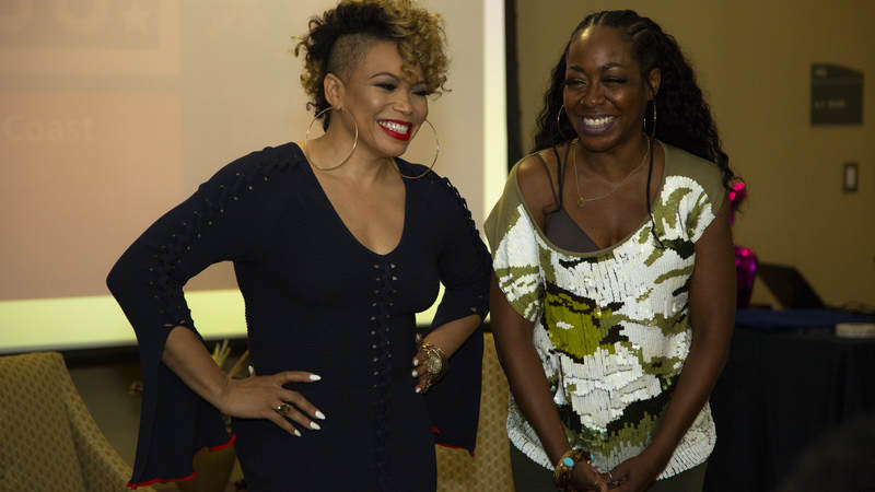 Actresses Tichina Arnold, right, and Tisha Campbell-Martin, the dynamic duo from the popular 1990s sitcom “Martin,” hosted a “Girl Talk” workshop and meet-and-greet event for military spouses at Keesler Air Force Base, Mississippi, on July 7.