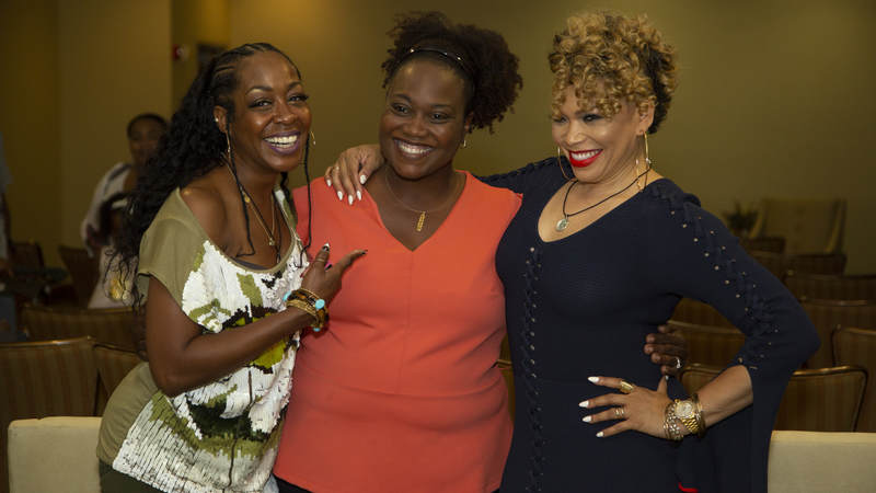 Actresses Tichina Arnold, left, and Tisha Campbell-Martin, right, the dynamic duo from the popular 1990s sitcom “Martin,” hosted a “Girl Talk” workshop and meet-and-greet event for military spouses at Keesler Air Force Base, Mississippi, on July 7.