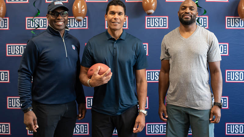 NFL legends Donnie Edwards, center, Tony Richardson, left, and Amani Toomer traveled to Okinawa, Japan, to connect with American service members and their families and show their gratitude for our men and women in uniform. USO photos by Amber Craig