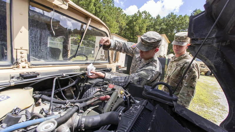 South Carolina National Guard soldiers preform preventative maintenance checks to unit vehicles in preparation of Hurricane Florence.