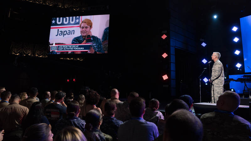Vice Chairman of the Joint Chiefs of Staff General Paul Selva teleconferences with a sailor stationed in Japan during the World’s Biggest USO Tour, a live entertainment experience at The Anthem in Washington, D.C., Sept. 12, 2018, bringing the USO mission to life and paying tribute to service members around the world. USO photo by General David Goldfein, Chief of Staff of the Air Force, introduces the talent at the World’s Biggest USO Tour, a live entertainment experience at The Anthem in Washington, D.C., Sept. 12, 2018, bringing the USO mission to life and paying tribute to service members around the world.