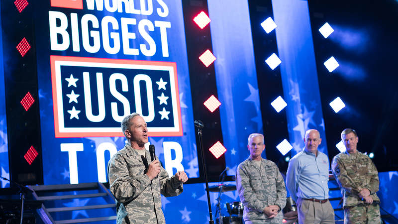 General David Goldfein, Chief of Staff of the Air Force, engages with the audience at the World’s Biggest USO Tour, a live entertainment experience at The Anthem in Washington, D.C., Sept. 12, 2018, bringing the USO mission to life and paying tribute to service members around the world.