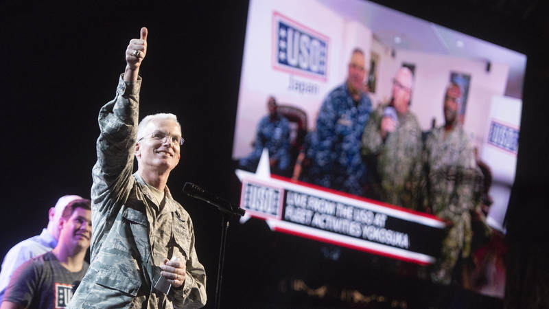 Air Force Gen. Paul J. Selva, vice chairman of the Joint Chiefs of Staff, addresses sailors at the USO in Yokosuka, Japan via streaming video during the World's Biggest USO Tour in Washington, D.C., Sept. 13, 2018. Performances from Florida Georgia Line, actor-comedian Adam Devine and Celebrity Chef Robert Irvine were live-streamed to service members in at 88 USO locations across the United States and around the world.