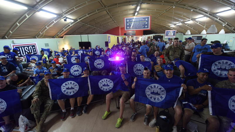 Service members and Kansas City Royals greats came together to watch the Sept. 11, 2018, game in Kansas City, Mo., live while on tour with the USO in Kuwait. USO Photo by Neal Preston.