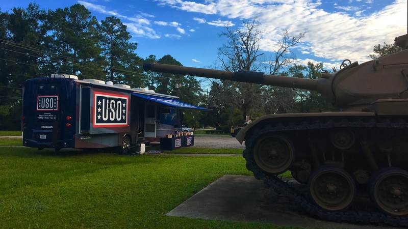 Members of the National Guard take a well-deserved break at our USO Mobile Units, which are stationed in South Carolina, in between search and rescue missions.