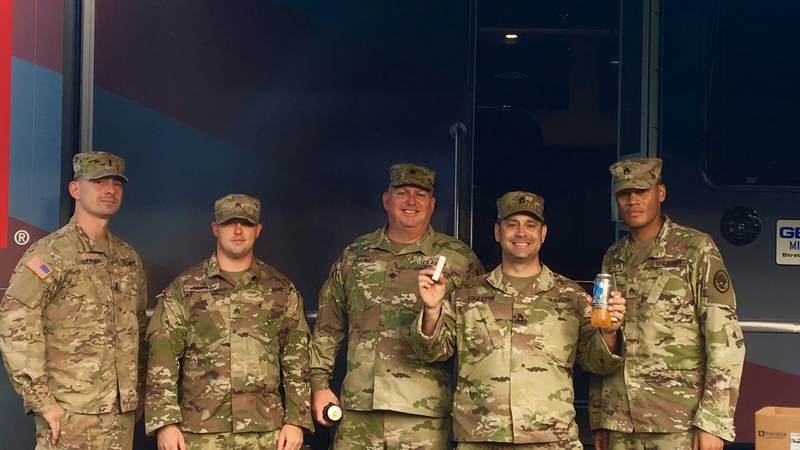 Members of the National Guard take a well-deserved break at our USO Mobile Units, which are stationed in South Carolina, in between search and rescue missions.