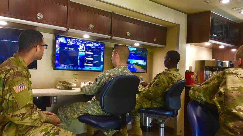 Members of the National Guard take a well-deserved break at our USO Mobile Units, which are stationed in South Carolina, in between search and rescue missions.