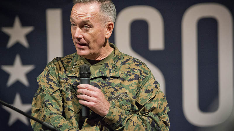 Chairman of the Joint Chiefs of Staff Marine Gen. Joseph Dunford Jr. introduces a USO performance.
