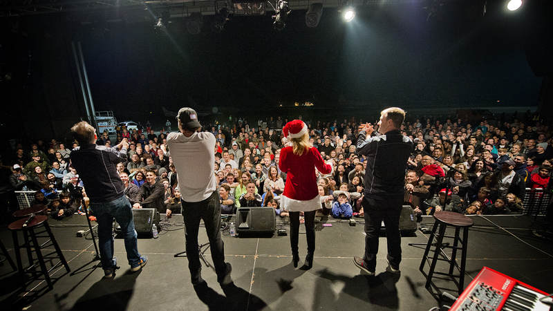 From left, David Wain, Heath Hembree, Elizabeth Banks and Steven Wright entertain military families at the NSA Sigonella in Sicily, Italy.
