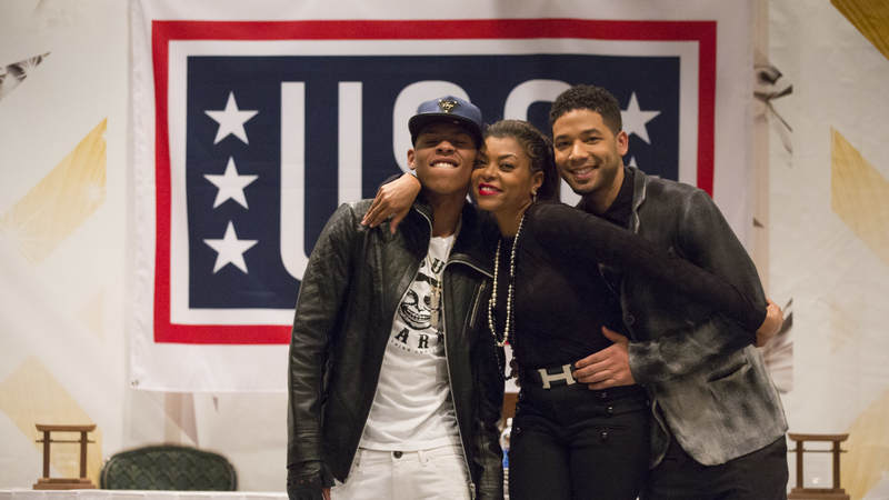 "Empire" actors Bryshere Gray, left, Taraji P. Henson and Jussie Smollett pose during their USO entertainment tour in Japan.