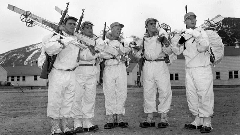 Members of the 10th wear their winter white uniforms at Camp Hale, Colorado.