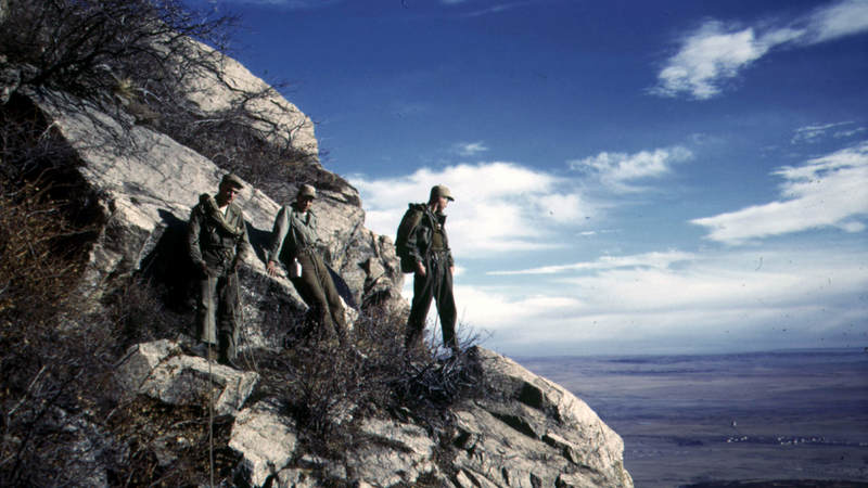 Three 10th Mountain Division soldiers pose for a photograph on Cheyenne Mountain in Colorado in February 1944.