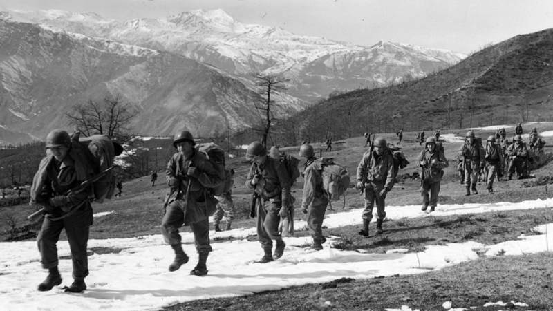 After securing Riva Ridge, left, and Mount Belvedere, right, 10th Mountain Division soldiers move onto the next objective.
