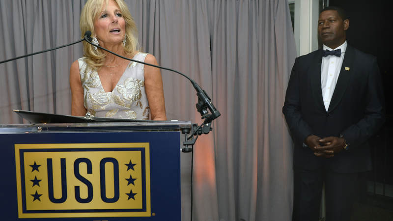 Dr. Jill Biden speaks at the USO's 75th Anniversary Reception.