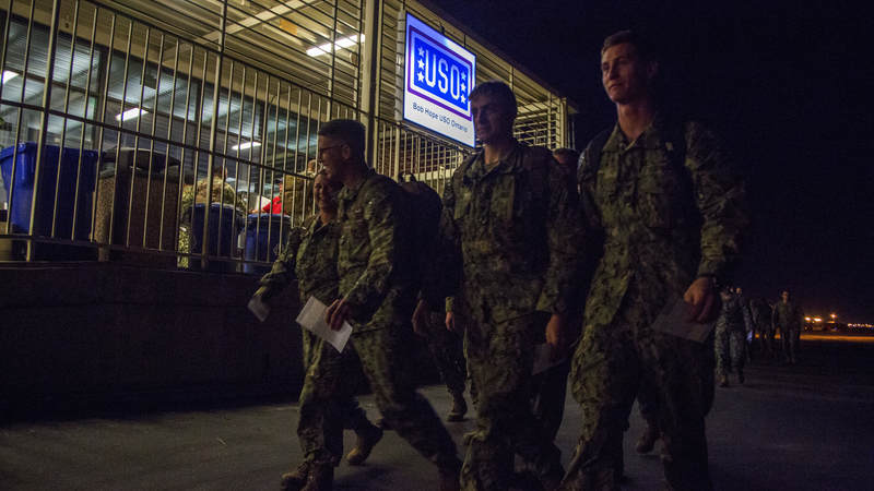 Navy Seabees arrive at USO Ontario on Feb. 8 at 1:30 a.m. for a 45-minute layover from Guam on their way home to Gulfport, Mississippi.