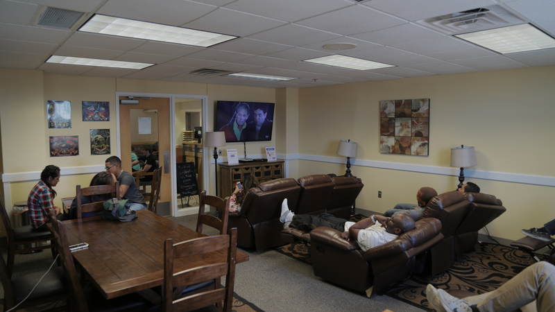 The USO location inside the San Antonio Military Entrance Processing Station is outfitted with comfortable recliners.
